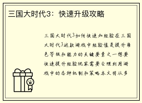 三国大时代3:快速升级攻略