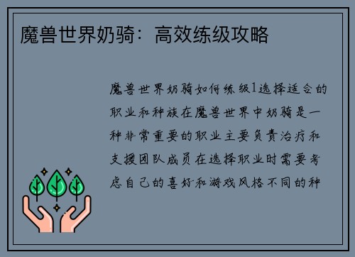 魔兽世界奶骑：高效练级攻略